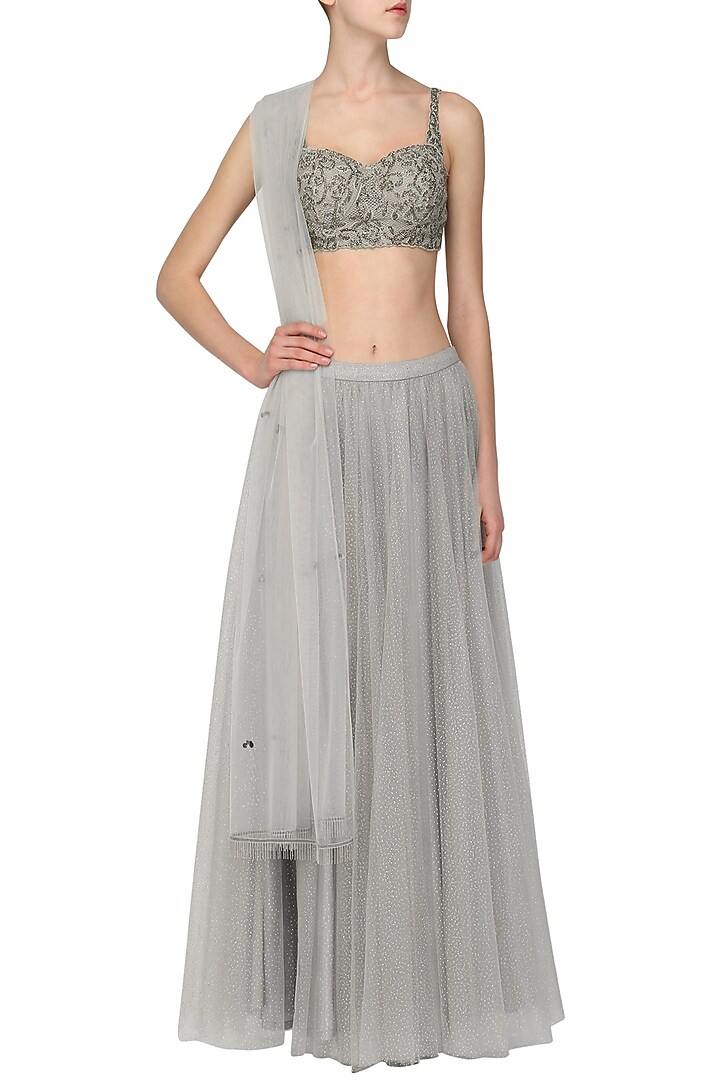 Grey embroidered lehenga set available only at Pernia's Pop Up Shop.