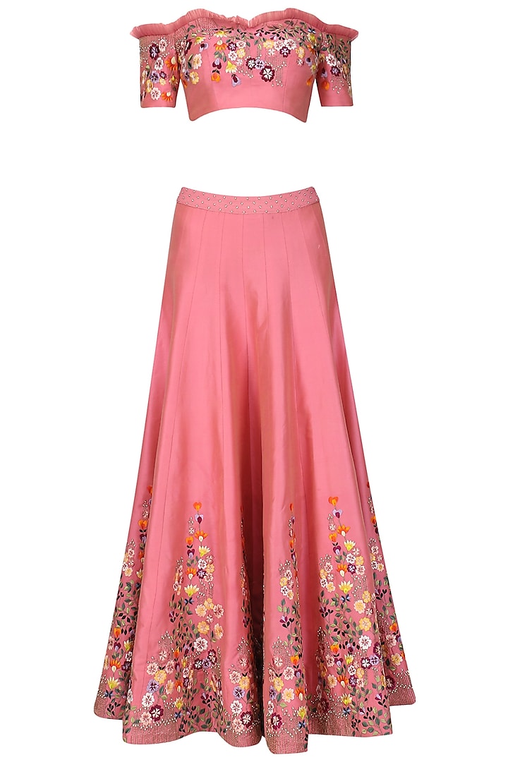 Pink Floral Embroidered Lehenga Set by Ruhmahsa
