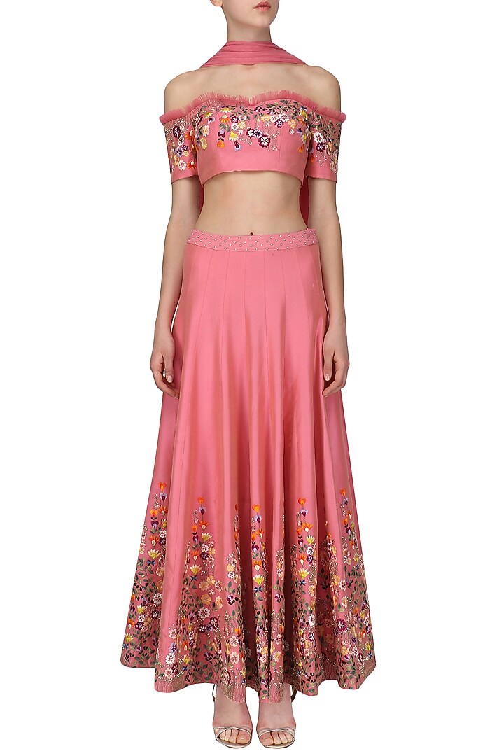 Pink floral embroidered lehenga set available only at Pernia's Pop Up Shop.