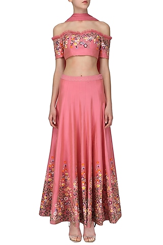 Pink Floral Embroidered Lehenga Set by Ruhmahsa