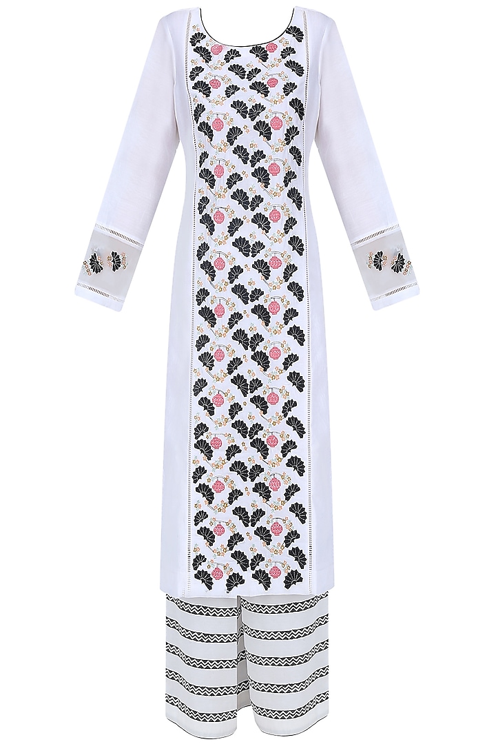 White, Pink and Blue Floral Embroidered Kurta and Palazzos Set by Ruhmahsa