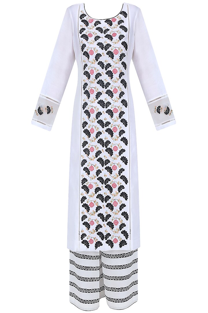 White, pink and blue floral embroidered kurta and palazzos set available only at Pernia's Pop Up Shop.
