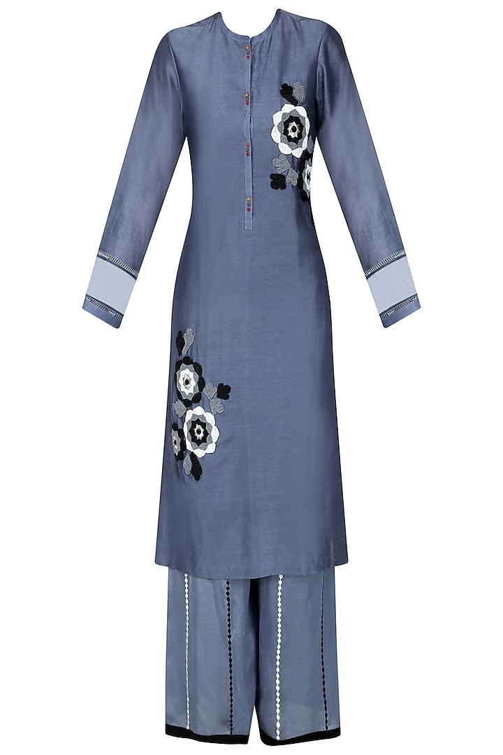 Grey, White and Black Floral Embroidered Kurta and Palazzos Set by Ruhmahsa