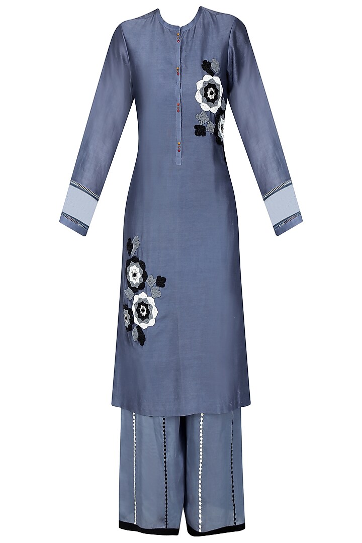 Grey, white and black floral embroidered kurta and palazzos set available only at Pernia's Pop Up Shop.