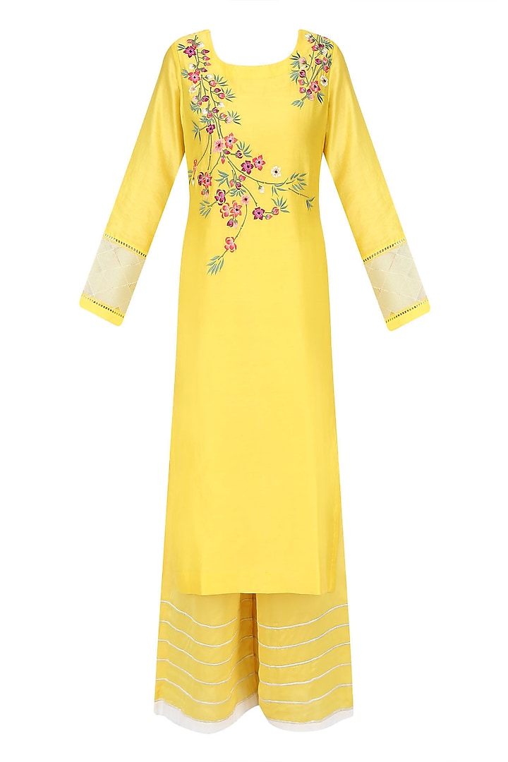 Yellow, Red, Green and White Floral Embroidered Kurta and Palazzos Set by Ruhmahsa