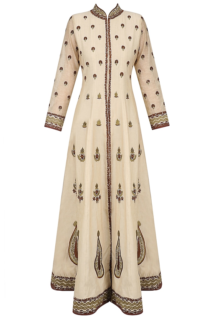 Beige and Maroon Bootis Embroidered Anarkali Set by Ruhmahsa