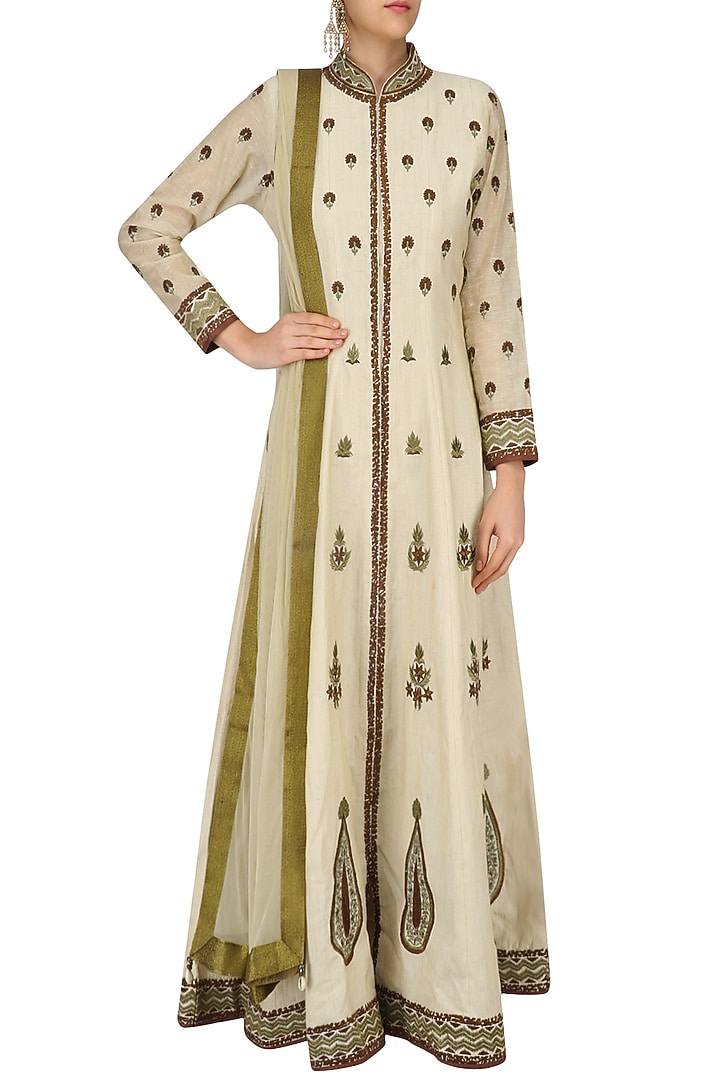 Beige and maroon bootis embroidered anarkali set available only at Pernia's Pop Up Shop.