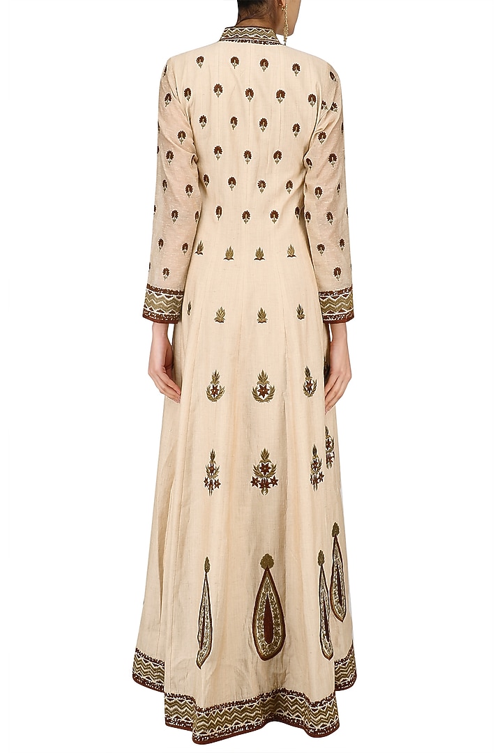 Beige and maroon bootis embroidered anarkali set available only at Pernia's Pop Up Shop.