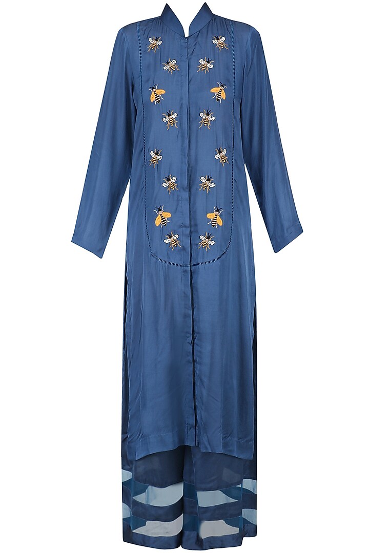 Blue instect motifs kurta and braiding palazzo pants set available only at Pernia's Pop Up Shop.