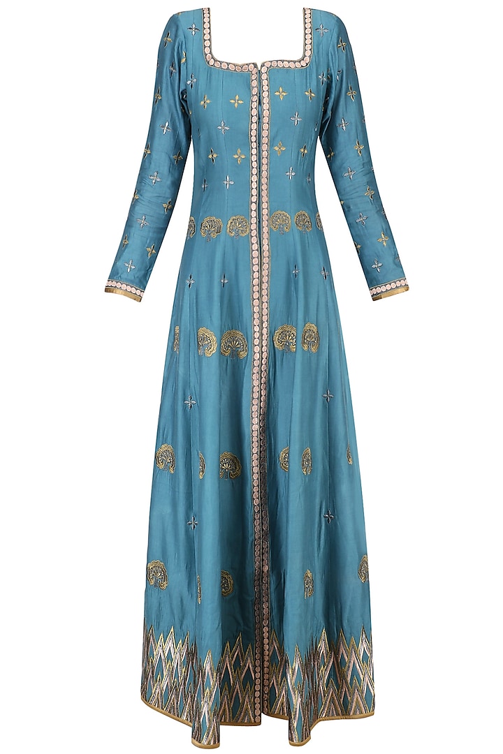 Blue and Gold Embroidered Anarkali Set by Ruhmahsa