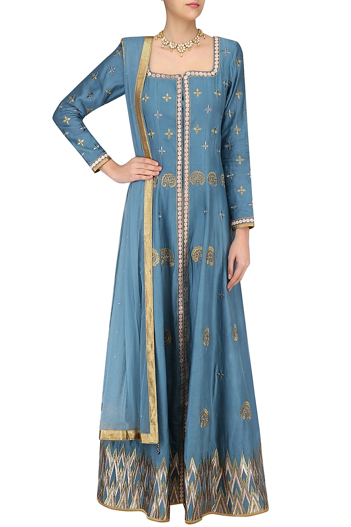 Blue and gold embroidered anarkali set available only at Pernia's Pop Up Shop.