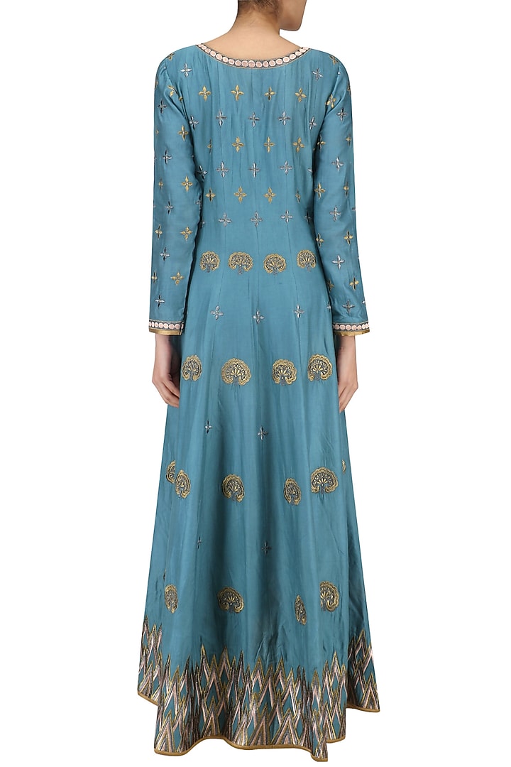 Blue and gold embroidered anarkali set available only at Pernia's Pop Up Shop.