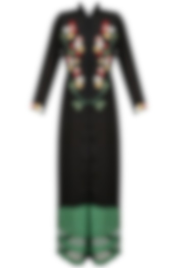 Black Floral Embroidered Kurta and Braiding Palazzo Pants Set by Ruhmahsa