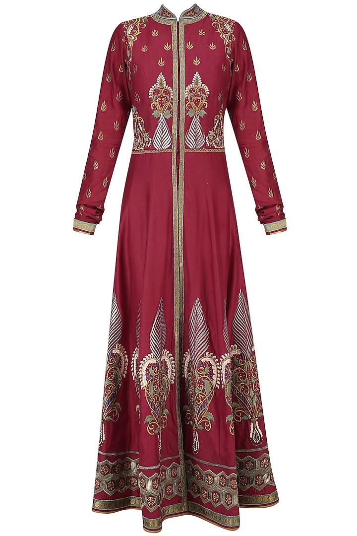 Red and Gold Floral Embroidered Anarkali Set by Ruhmahsa