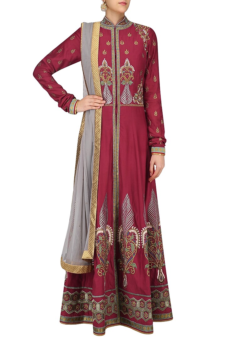 Red and gold floral embroidered anarkali set available only at Pernia's Pop Up Shop.