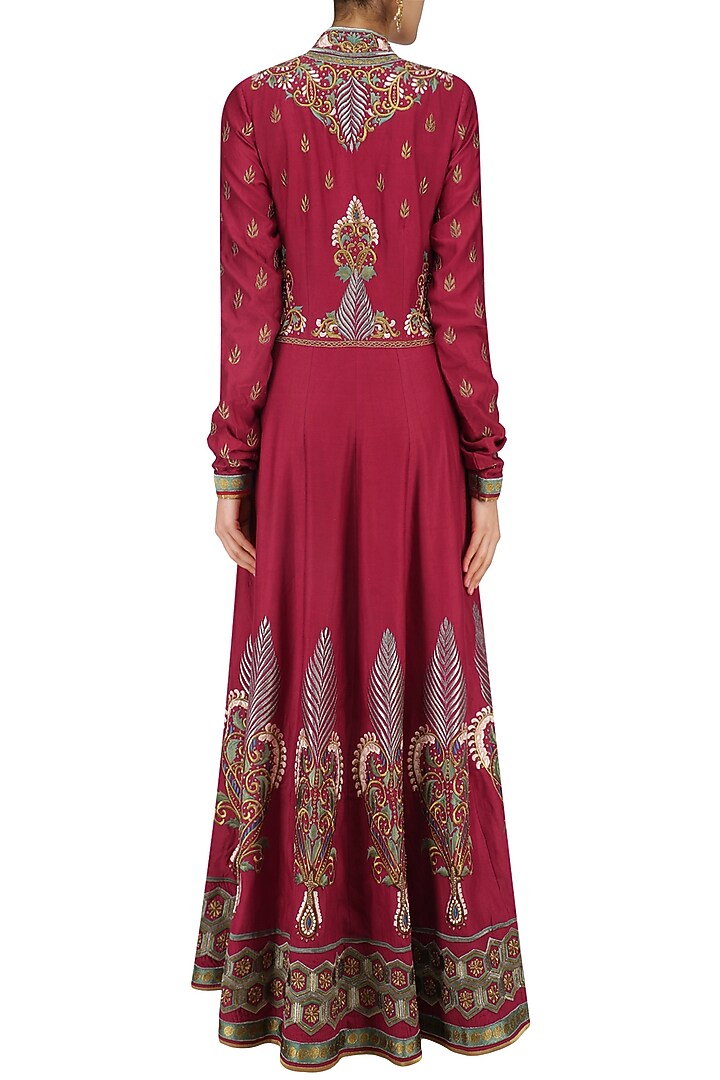Red and gold floral embroidered anarkali set available only at Pernia's Pop Up Shop.
