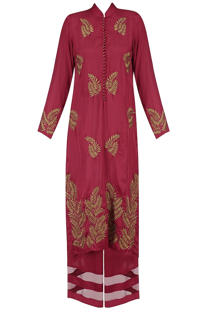 Red leaf embroidered motifs kurta and braiding palazzo pants set available only at Pernia's Pop Up Shop.