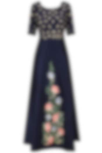 Navy Floral Embroidered Fit and Flared Gown by Ruhmahsa