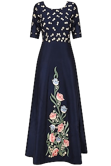 Navy floral embroidered fit and flared gown available only at Pernia's ...