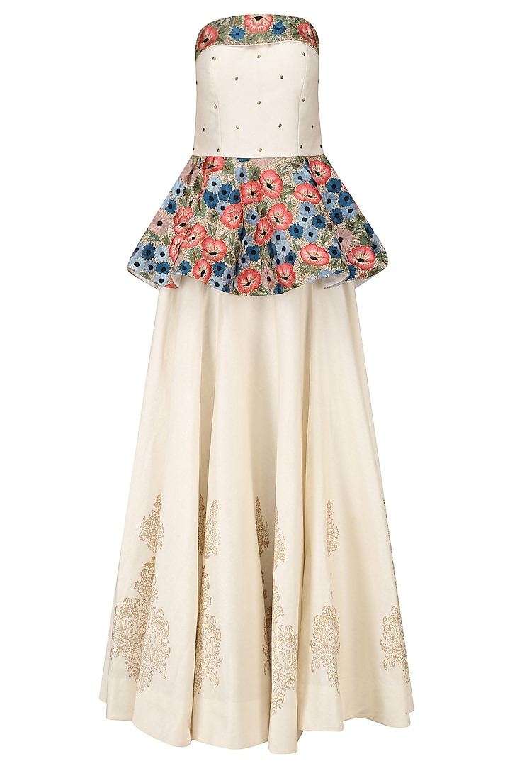 White Floral Embroidered Peplum Top with White Block Printed Skirt by Ruhmahsa