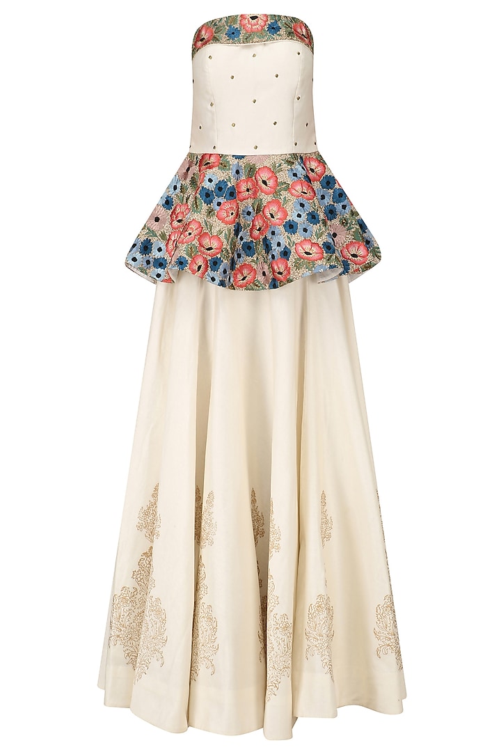 White floral embroidered peplum top with white block printed skirt available only at Pernia's Pop Up Shop.