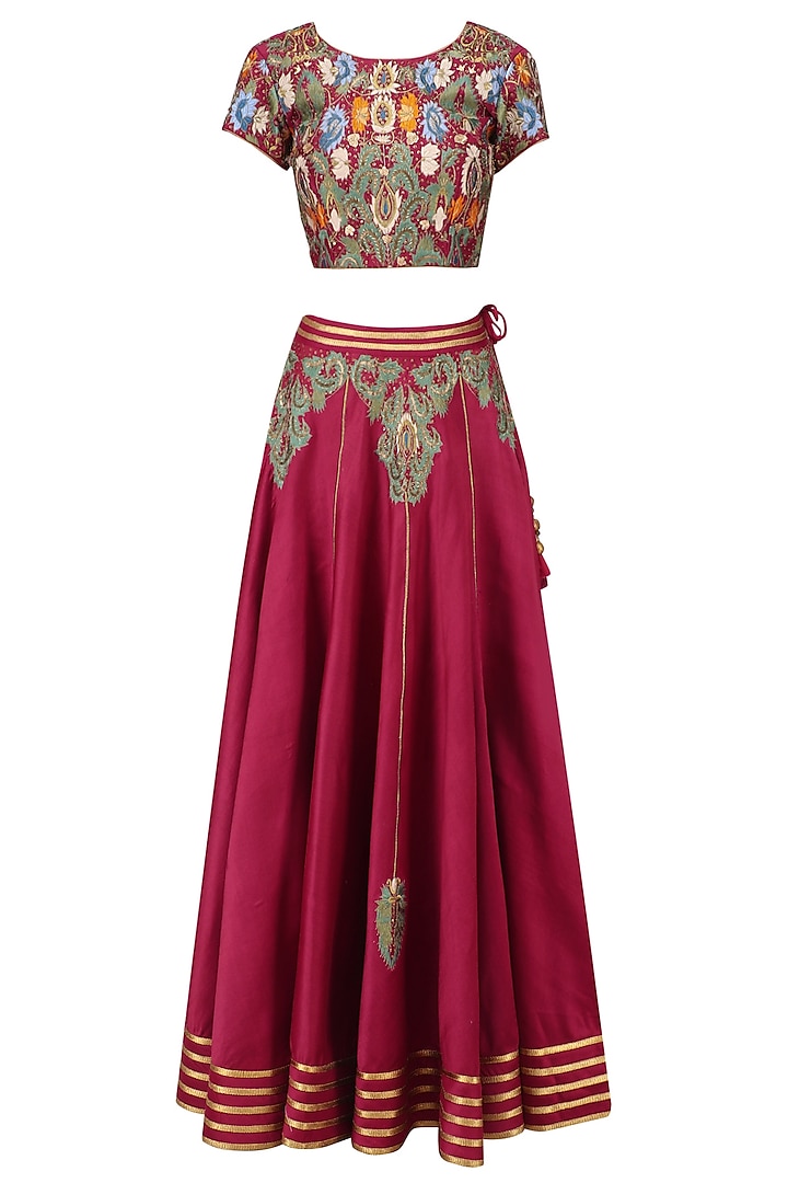 Red Floral Embroidered Lehenga Set by Ruhmahsa