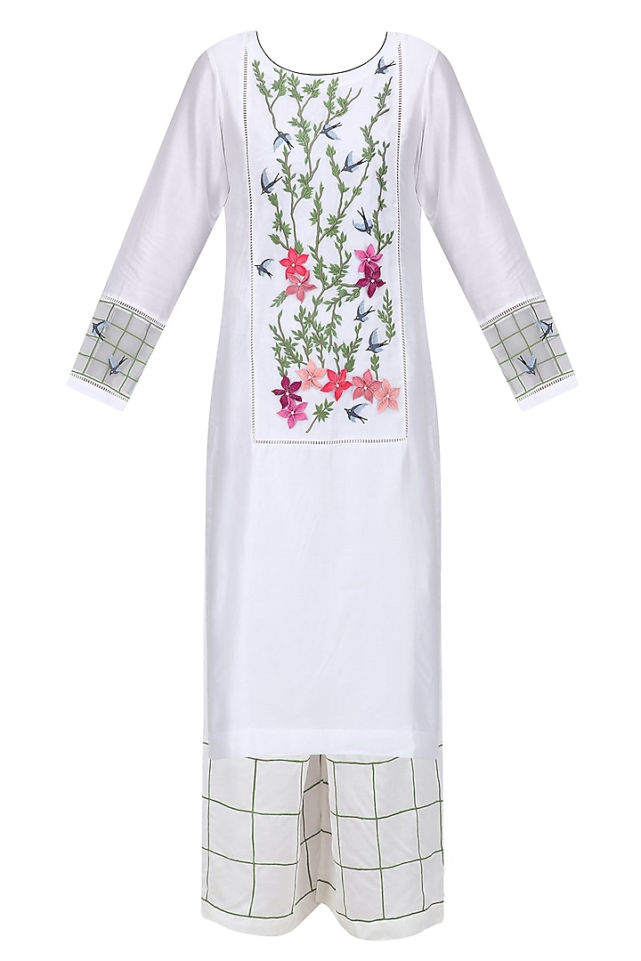 White Floral Embroidered Kurta and Palazzo Pants Set by Ruhmahsa