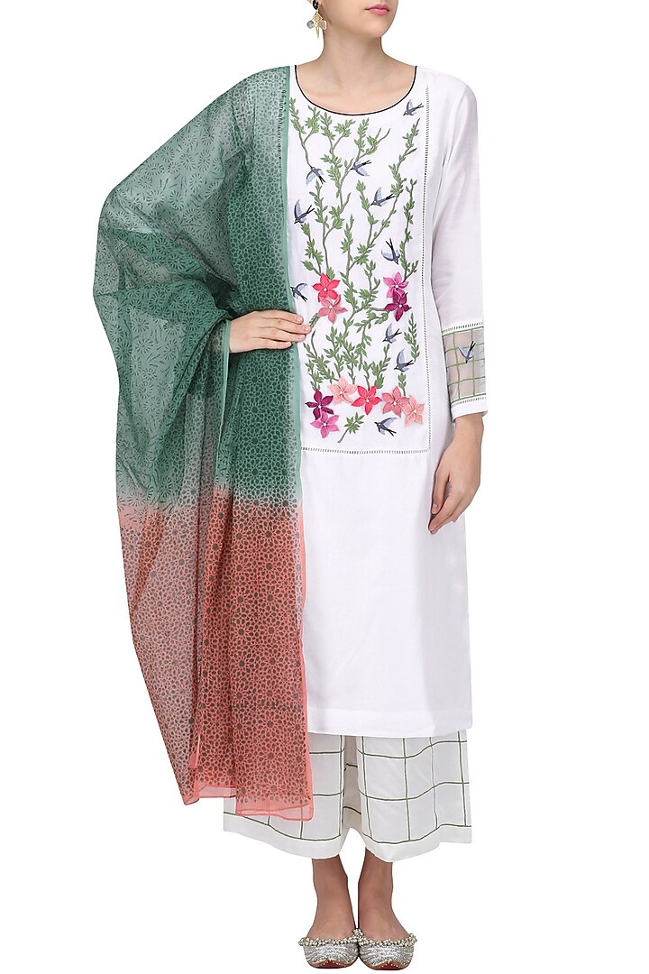 White Cotton Floral Embellished Kurta Palazzo Dupatta Set with Front Slit for Women