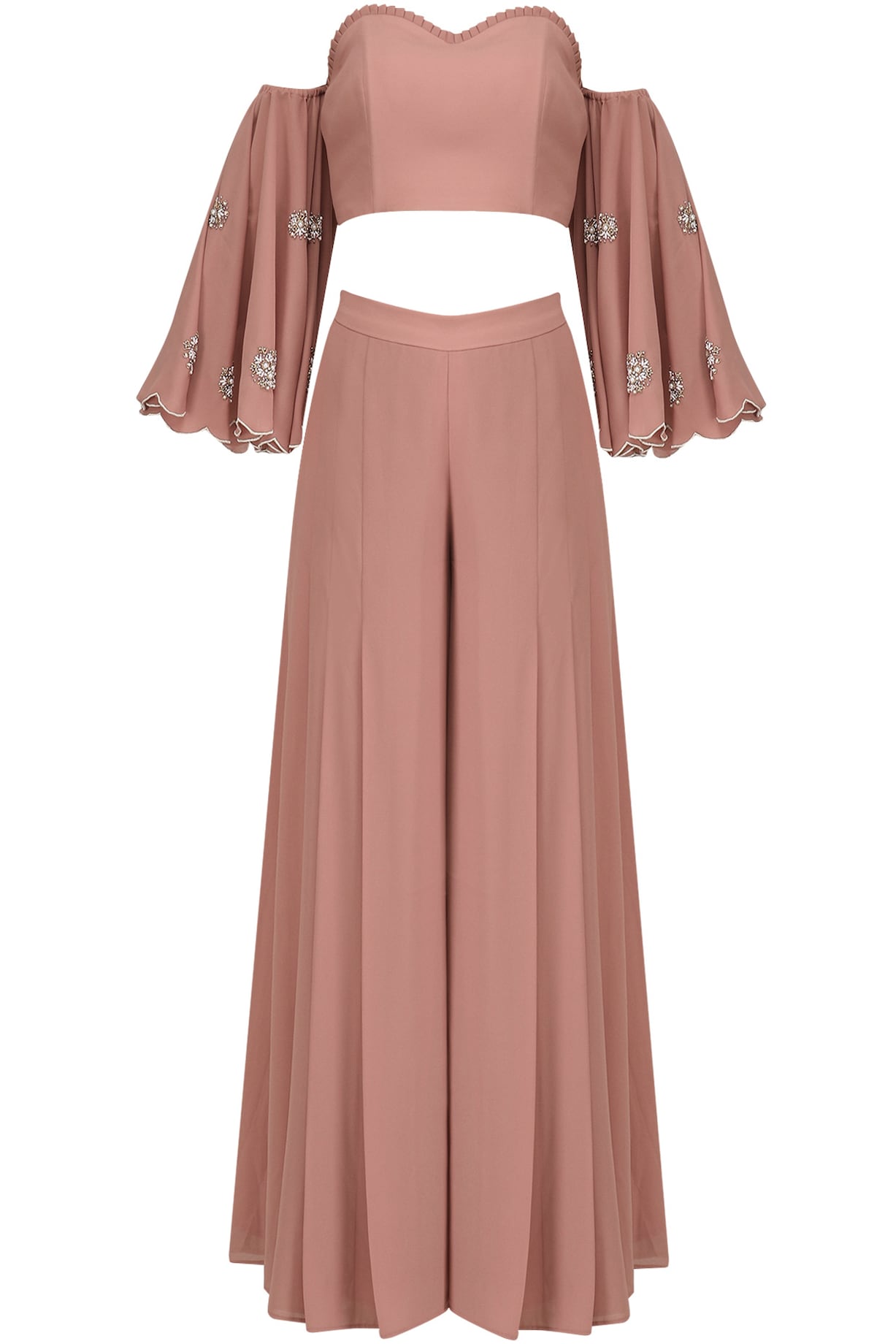 Blush pink off shoulder embroidered crop top and palazzo pants set