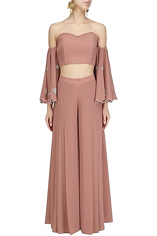 Blush Pink Off Shoulder Embroidered Crop Top and Palazzo Pants Set by Ruhmahsa