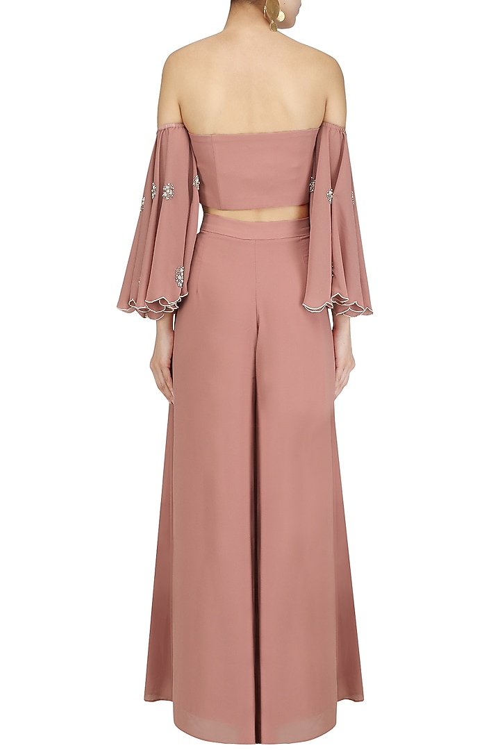 Blush pink off shoulder embroidered crop top and palazzo pants set available only at Pernia's Pop Up Shop.