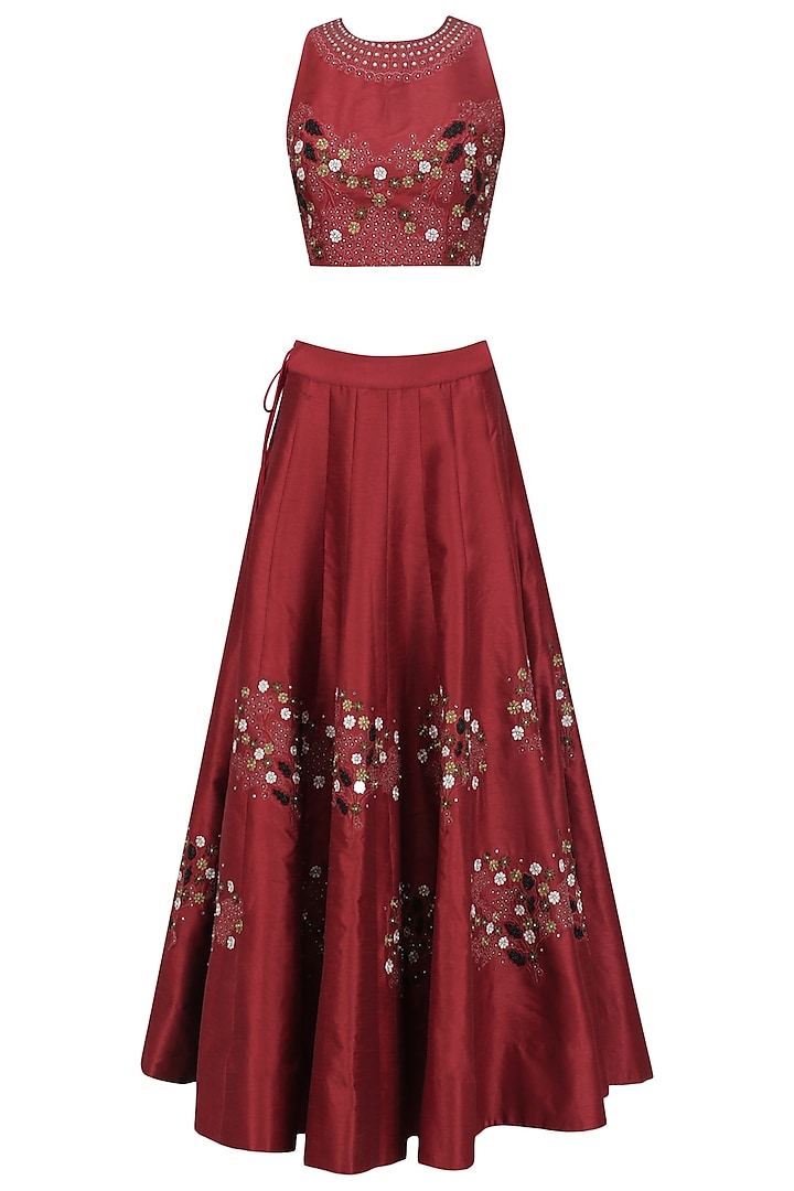 Maroon thread work embroidered lehenga set available only at Pernia's Pop Up Shop.