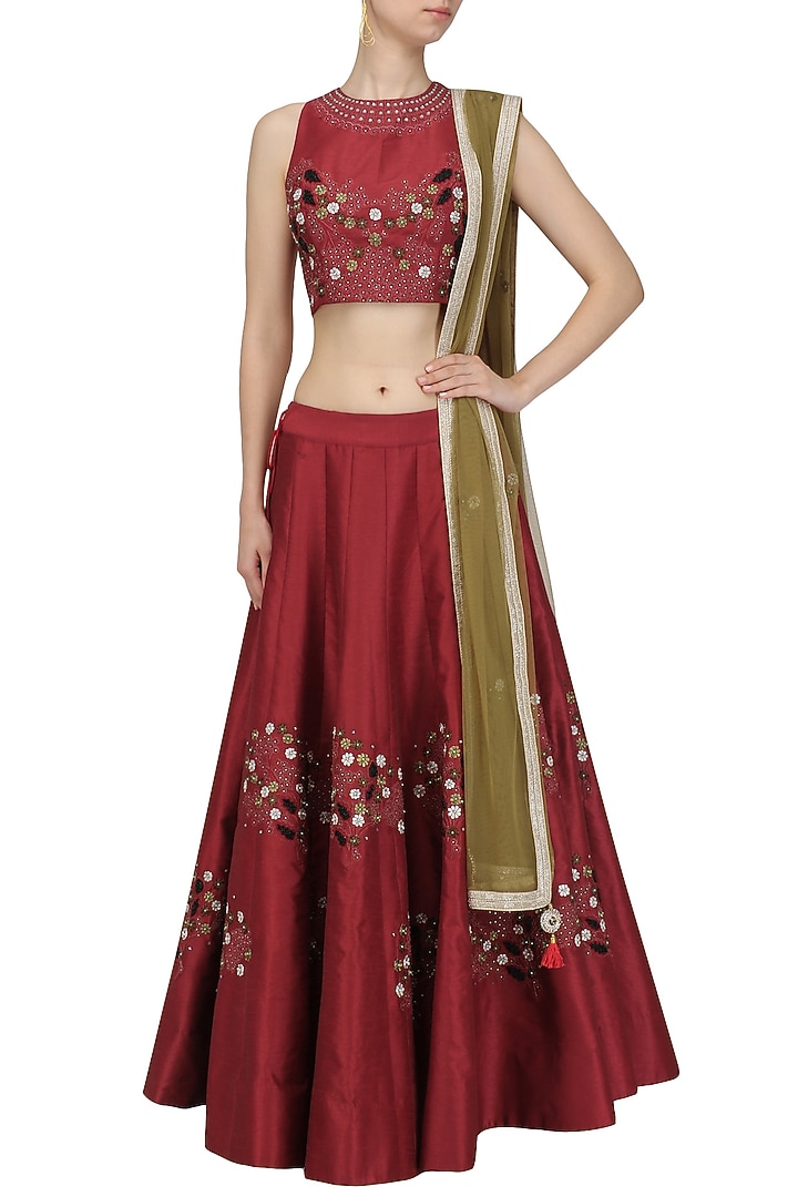 Maroon thread work embroidered lehenga set available only at Pernia's Pop Up Shop.