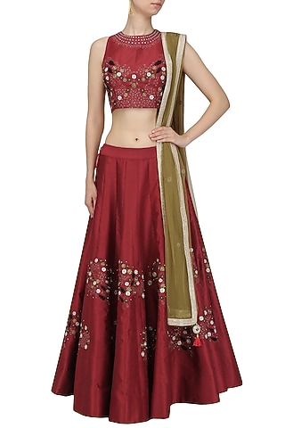 Maroon Thread Work Embroidered Lehenga Set by Ruhmahsa
