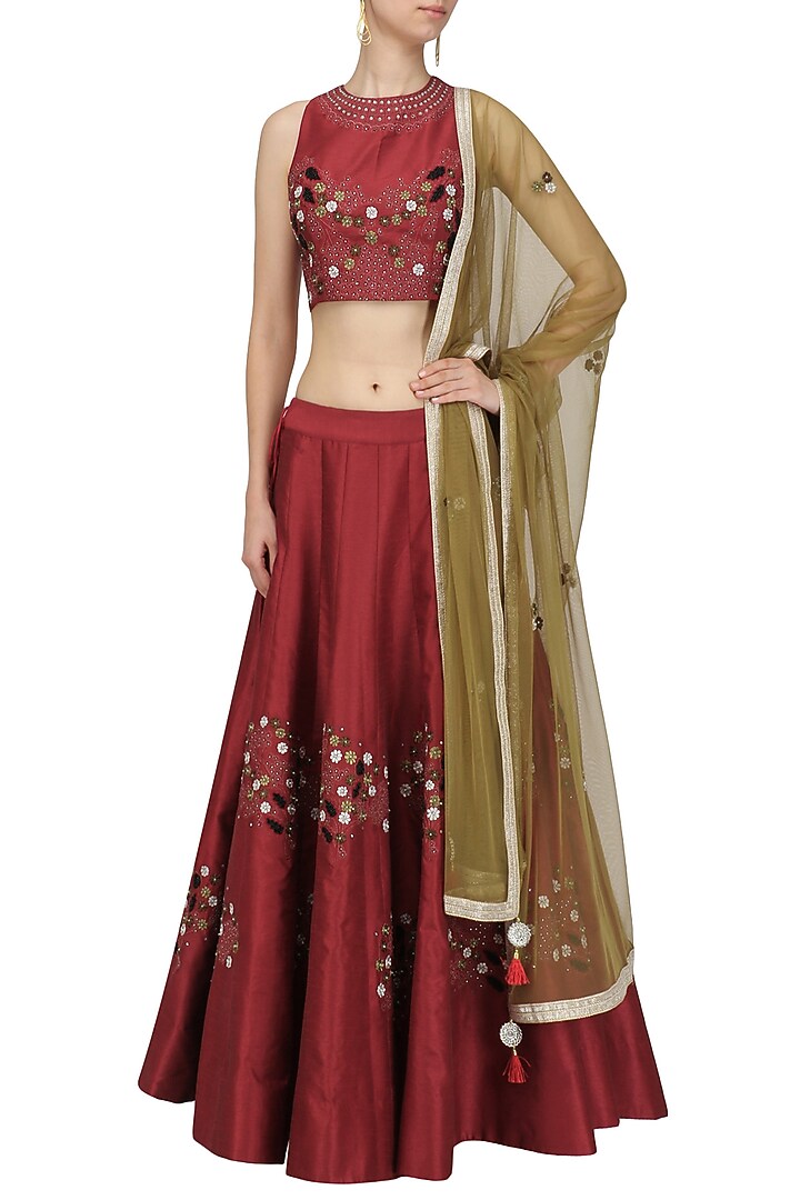 Maroon thread work embroidered lehenga set available only at Pernia's Pop Up Shop.