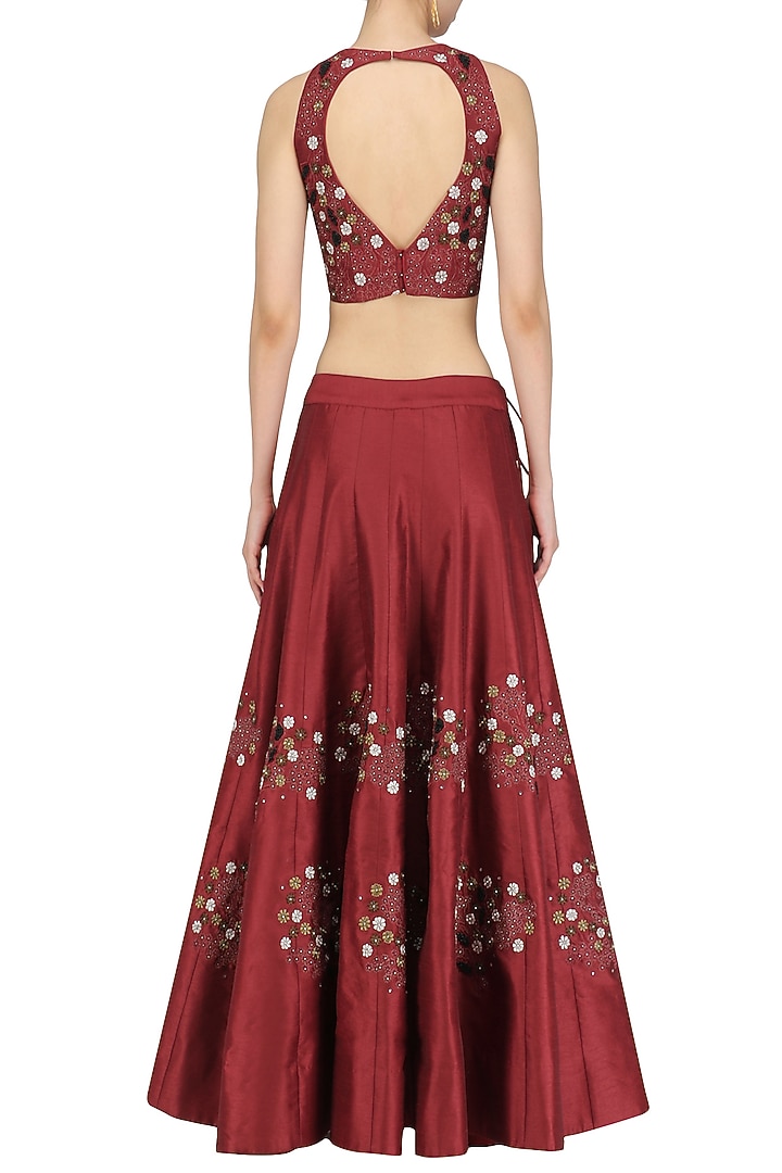 Maroon thread work embroidered lehenga set available only at Pernia's Pop Up Shop.