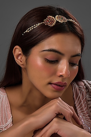 Gold Finish Kemp Stone & Pearl Beaded Temple Mathapatti by RNG