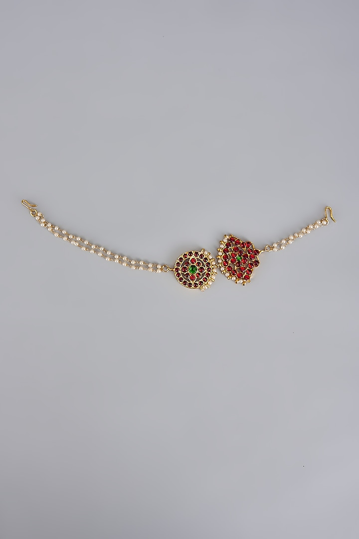 Gold Finish Kemp Stone & Pearl Beaded Temple Mathapatti by RNG at Pernia's Pop Up Shop