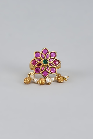 Gold Finish Kemp Stone & Pearl Temple Ring by RNG