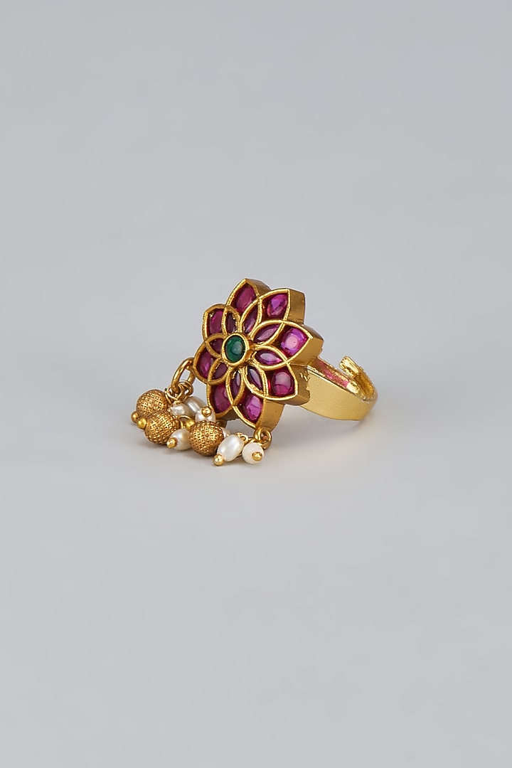 Gold Finish Kemp Stone & Pearl Temple Ring by RNG at Pernia's Pop Up Shop