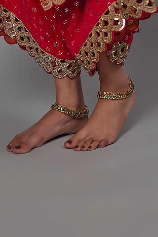 Gold Finish Kemp Stone Temple Anklets (Set of 2) by RNG