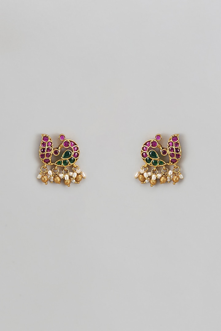 Gold Finish Kemp Stone & Pearl Stud Earrings by RNG at Pernia's Pop Up Shop