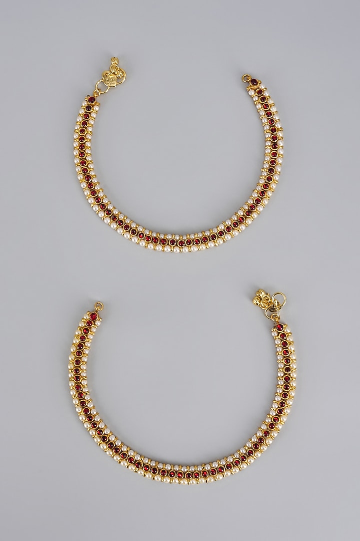 Gold Finish Kemp Stone & Pearl Temple Anklets (Set of 2) by RNG at Pernia's Pop Up Shop