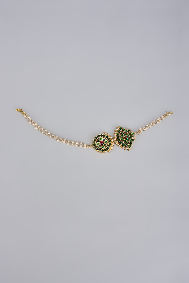 Gold Finish Kemp Stone & Pearl Beaded Temple Mathapatti by RNG at Pernia's Pop Up Shop