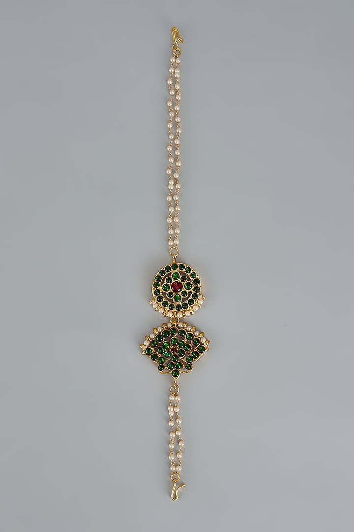 Gold Finish Kemp Stone & Pearl Beaded Temple Mathapatti by RNG at Pernia's Pop Up Shop
