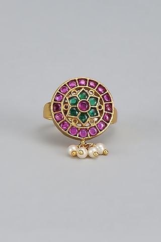 Gold Finish Kemp Stone & Pearl Temple Ring by RNG