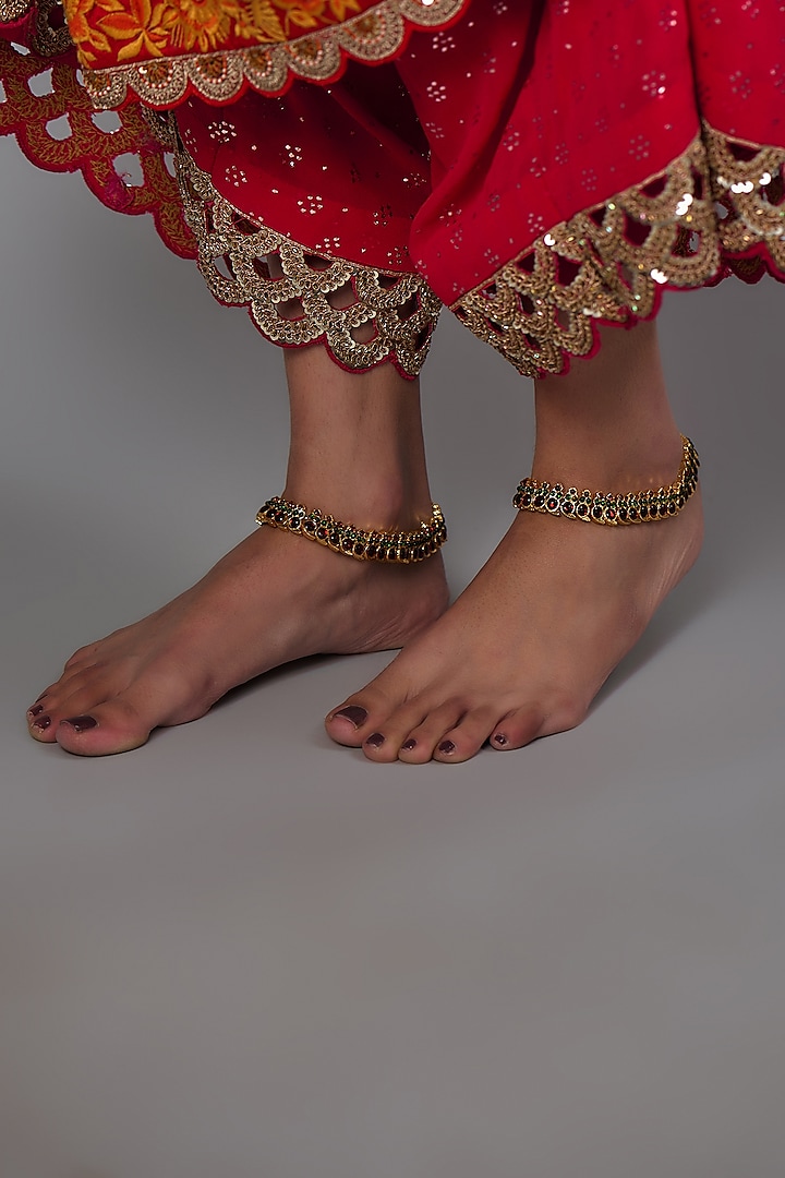 Gold Finish Kemp Stone Temple Anklets (Set of 2) by RNG