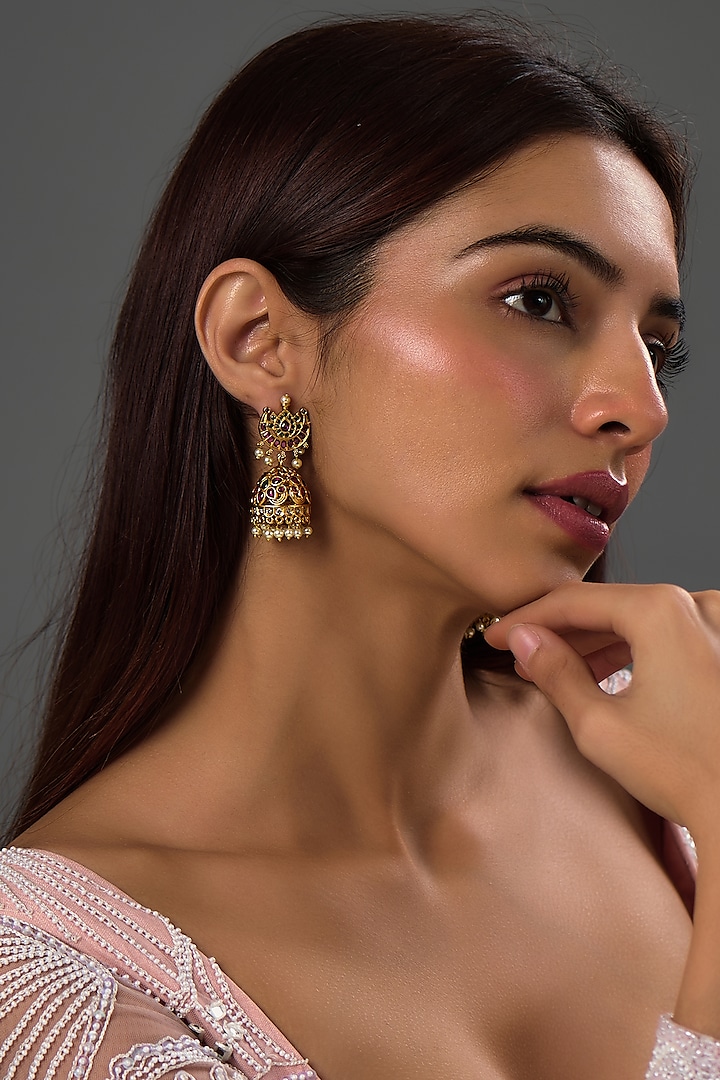 Gold Finish Kemp Stone & Pearl Jhumka Earrings by RNG