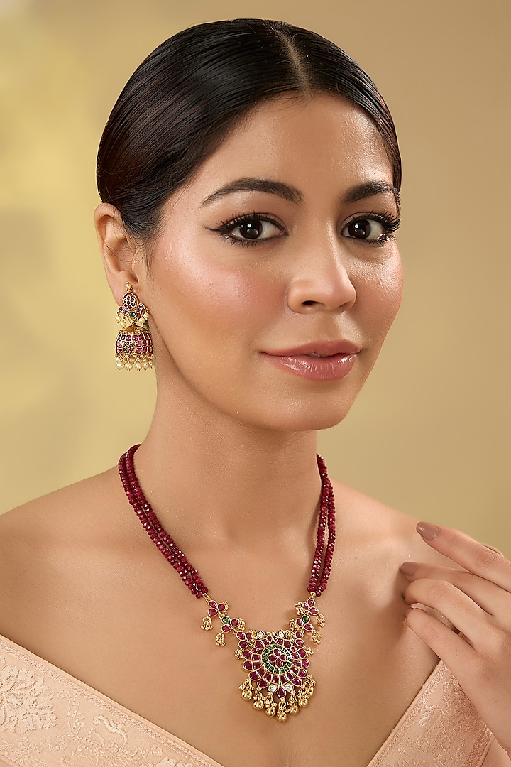 Gold Finish Kundan Polki & Kemp Stone Temple Necklace Set by RNG at Pernia's Pop Up Shop