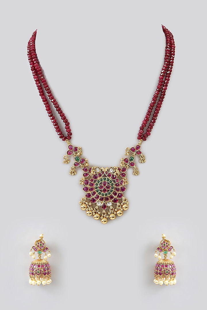 Gold Finish Kundan Polki & Kemp Stone Temple Necklace Set by RNG at Pernia's Pop Up Shop
